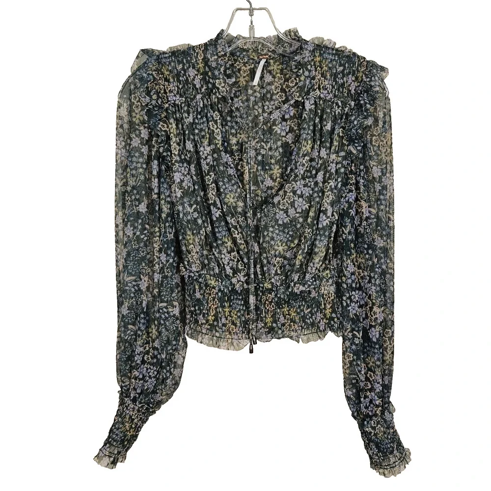 Free People Twyla Floral Sheer Blouse Women XS Ruffled Smocked Green Cottagecore